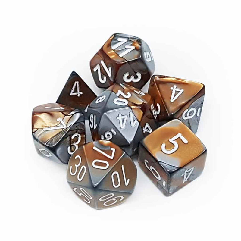 Chessex Gemini Copper Steel with White 7 Piece Polyhedral Dice Set (CHX 26424) - Bea DnD Games