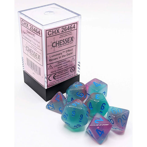 Chessex Gemini Gel Green-Pink/Blue (Glow in the Dark) 7 Piece Polyhedral Dice Set (CHX 26464) - Bea DnD Games