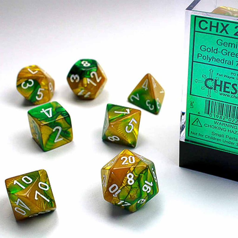 Chessex Gemini Gold Green with White 7 Piece Polyhedral Dice Set (CHX 26425) - Bea DnD Games