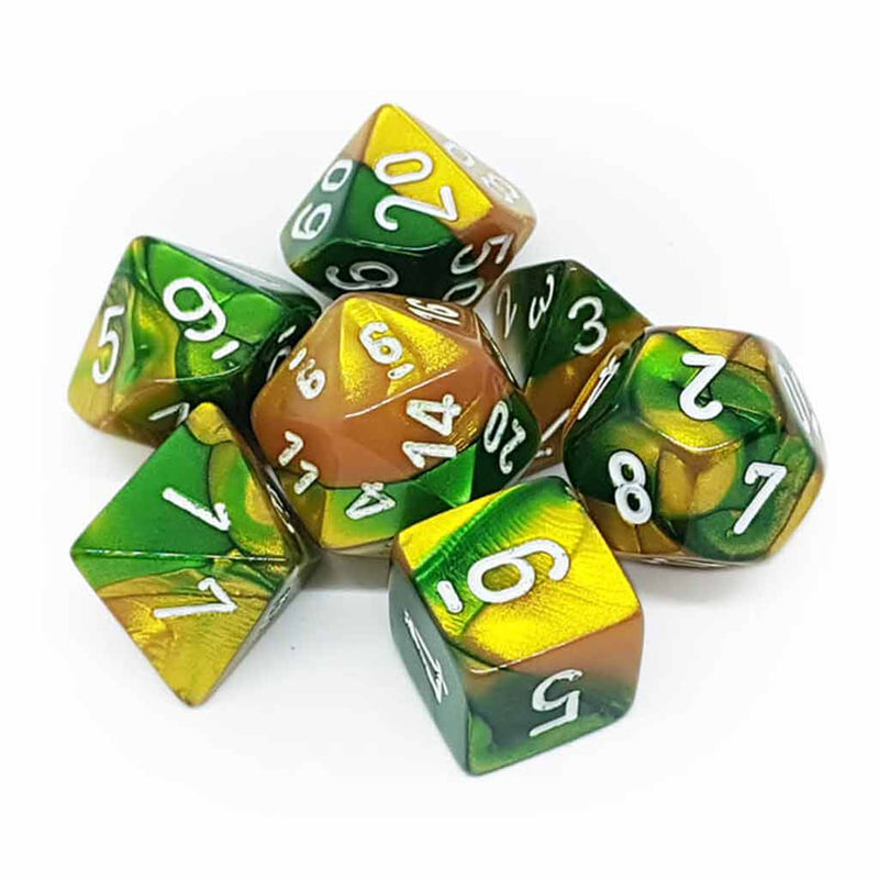 Chessex Gemini Gold Green with White 7 Piece Polyhedral Dice Set (CHX 26425) - Bea DnD Games