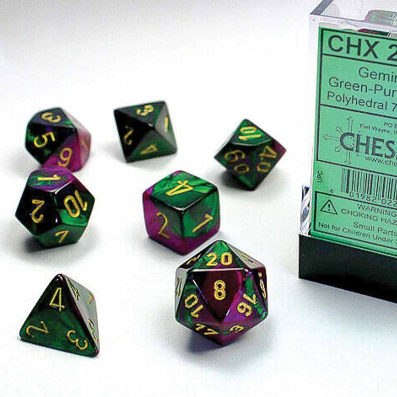 Chessex Gemini Green Purple with Gold 7 Piece Polyhedral Dice Set (CHX 26434) - Bea DnD Games