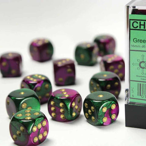 Chessex Gemini Green & Purple with Gold Set of 12 d6 Dice (CHX 26634) - Bea DnD Games