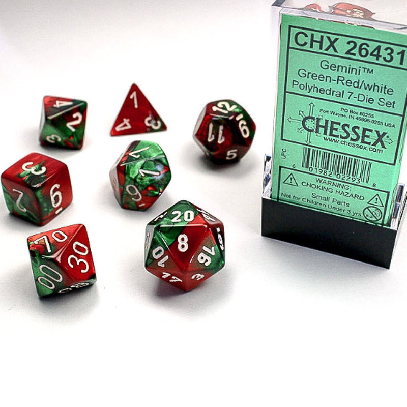 Chessex Gemini Green-Red/White 7 Piece Polyhedral Dice Set (CHX 26431) - Bea DnD Games