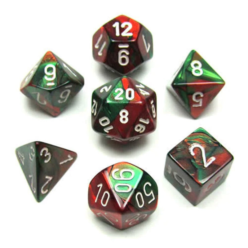 Chessex Gemini Green-Red/White 7 Piece Polyhedral Dice Set (CHX 26431) - Bea DnD Games
