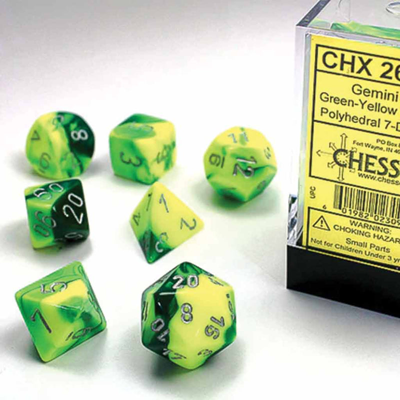 Chessex Gemini Green & Yellow with Silver 7 Piece Polyhedral Dice Set (CHX 26454) - Bea DnD Games