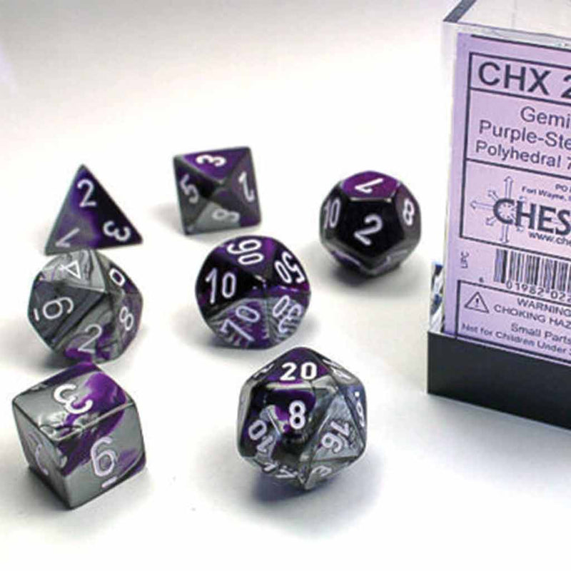 Chessex Gemini Purple Steel with White 7 Piece Polyhedral Dice Set (CHX 26432) - Bea DnD Games