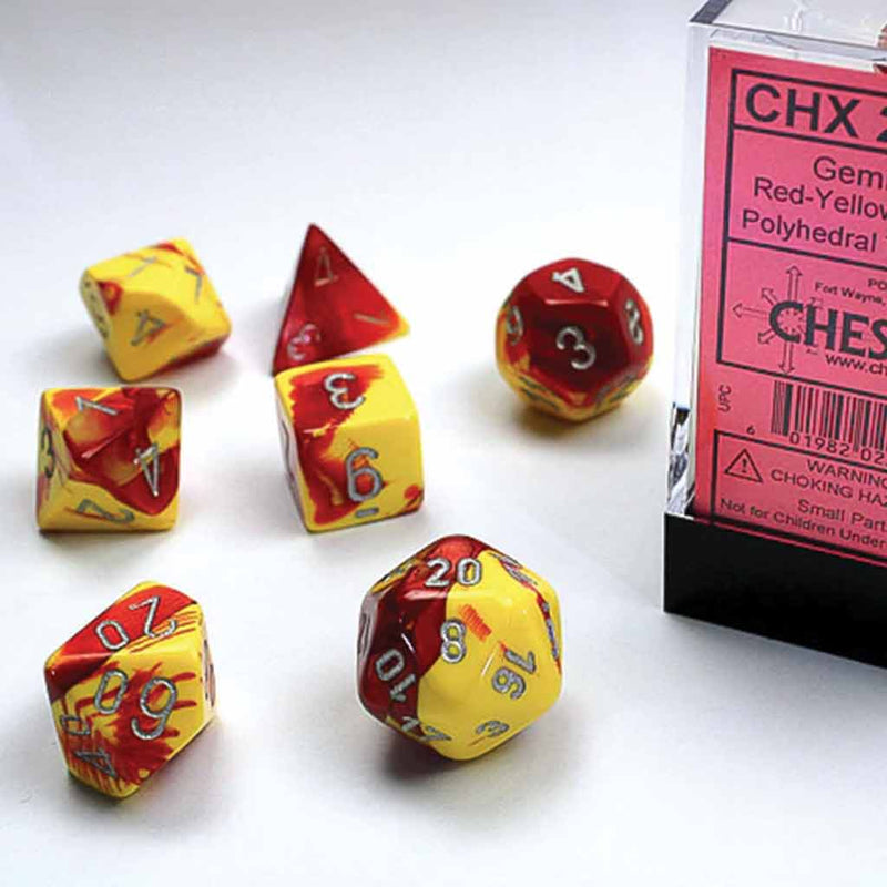 Chessex Gemini Red Yellow with Silver 7 Piece Polyhedral Dice Set (CHX 26450) - Bea DnD Games
