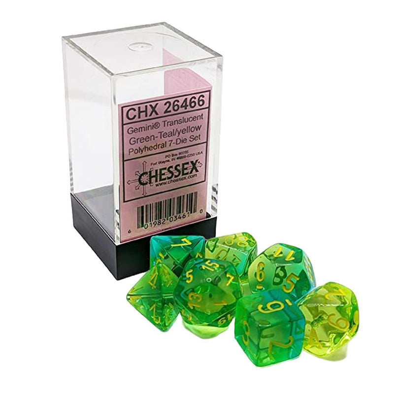 Chessex Gemini Translucent Green-Teal/Yellow 7 Piece Polyhedral Dice Set (CHX 26466) - Bea DnD Games