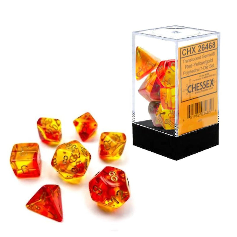 Chessex Gemini Translucent Red-Yellow/Gold 7 Piece Polyhedral Dice Set (CHX 26468) - Bea DnD Games