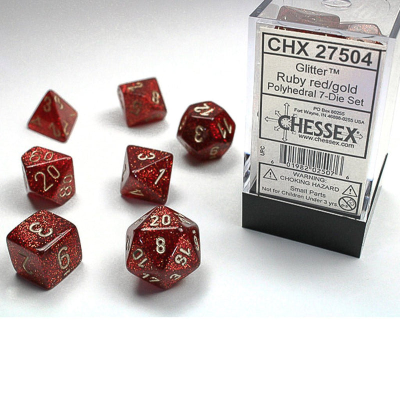 Chessex Glitter Ruby Red/Gold 7 Piece Polyhedral Dice Set (CHX 27504) - Bea DnD Games