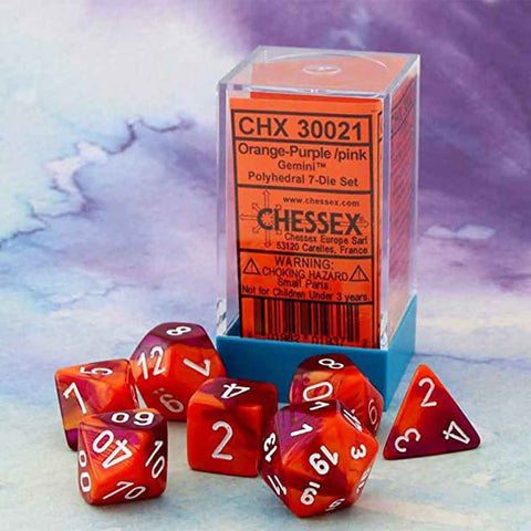 Chessex Lab Dice - Gemini Orange-Purple/White 7 Piece Polyhedral Dice Set (CHX 30021) - Bea DnD Games