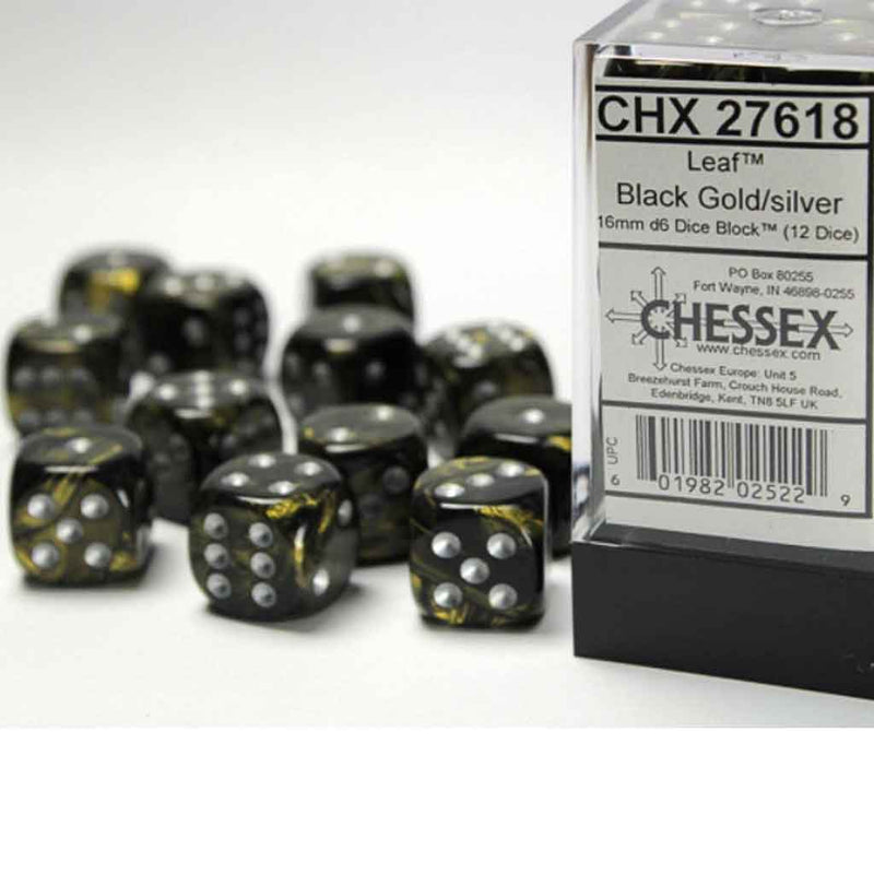 Chessex Leaf Black/Gold with Silver Set of 12 d6 Dice (CHX 27618) - Bea DnD Games