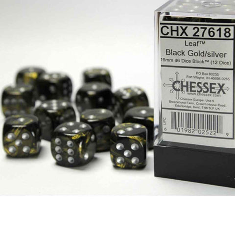 Chessex Leaf Black/Gold with Silver Set of 12 d6 Dice (CHX 27618) - Bea DnD Games