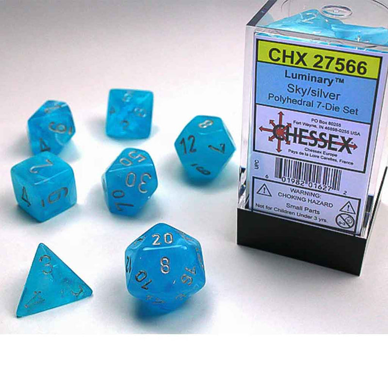 Chessex Luminary Sky/Silver 7 Piece GLOW IN THE DARK Polyhedral Dice Set (CHX 27566) - Bea DnD Games
