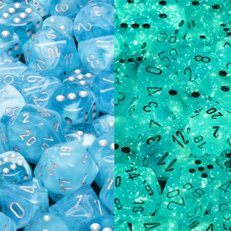 Chessex Luminary Sky/Silver 7 Piece GLOW IN THE DARK Polyhedral Dice Set (CHX 27566) - Bea DnD Games