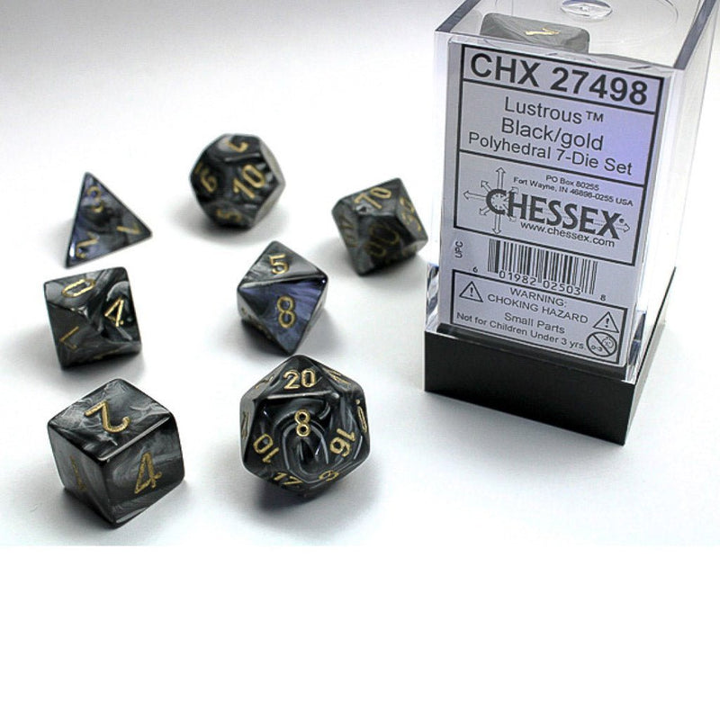 Chessex Lustrous Black With Gold 7 Piece Polyhedral Dice Set (CHX 27498) - Bea DnD Games