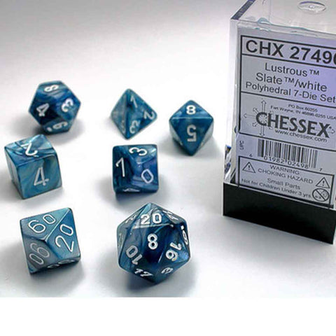 Chessex Lustrous Slate/White 7 Piece Polyhedral Dice Set (CHX 27490) - Bea DnD Games