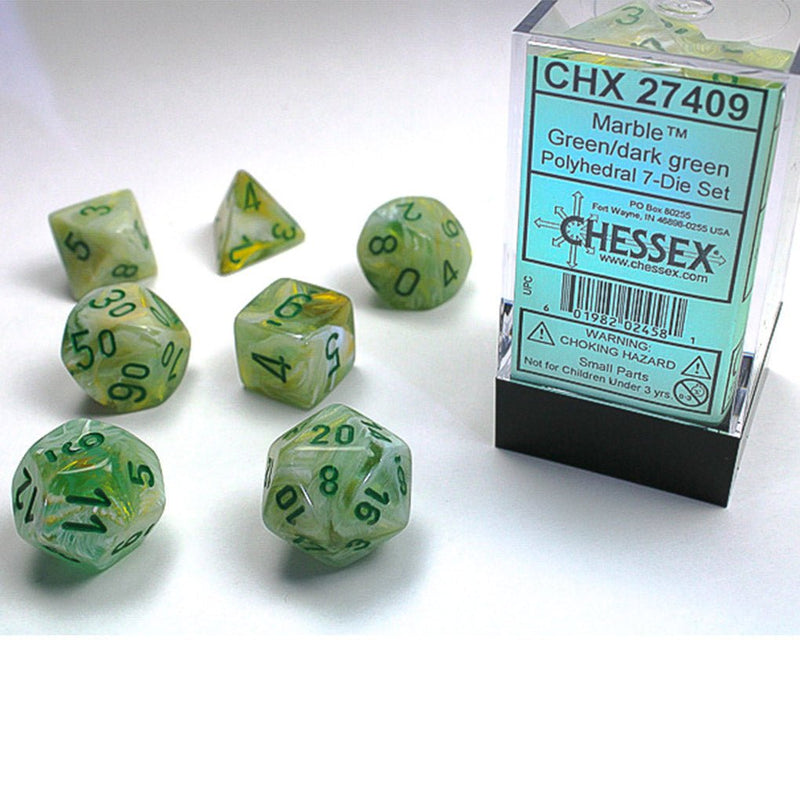 Chessex Marble Green/dark green 7 Piece Polyhedral Dice Set (CHX 27409) - Bea DnD Games