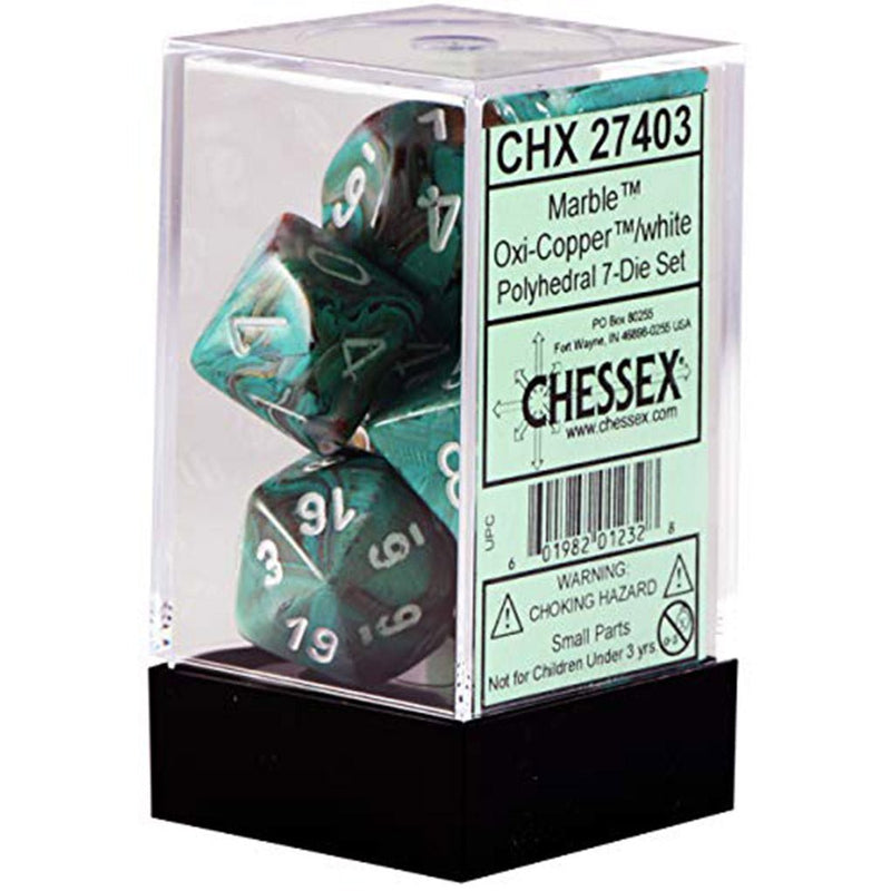Chessex Marble Oxi-Copper/white 7 Piece Polyhedral Dice Set (CHX 27403) - Bea DnD Games