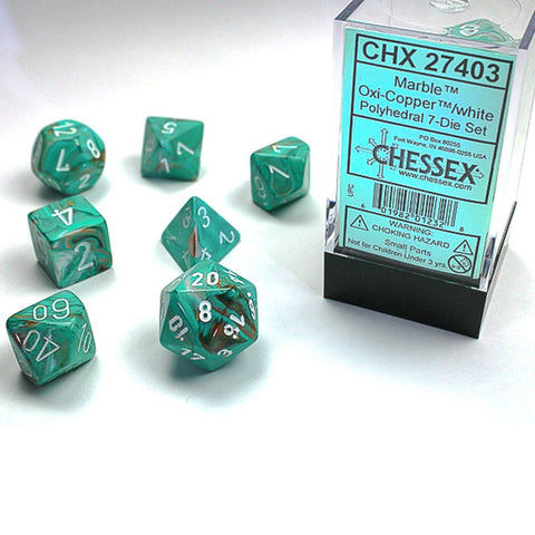 Chessex Marble Oxi-Copper/white 7 Piece Polyhedral Dice Set (CHX 27403) - Bea DnD Games