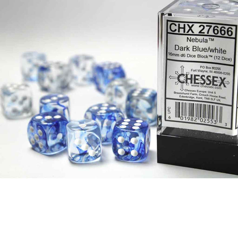 Chessex Nebula Dark Blue with White Set of 12 d6 Dice (CHX 27666) - Bea DnD Games