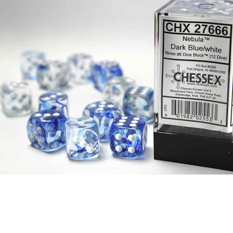 Chessex Nebula Dark Blue with White Set of 12 d6 Dice (CHX 27666) - Bea DnD Games