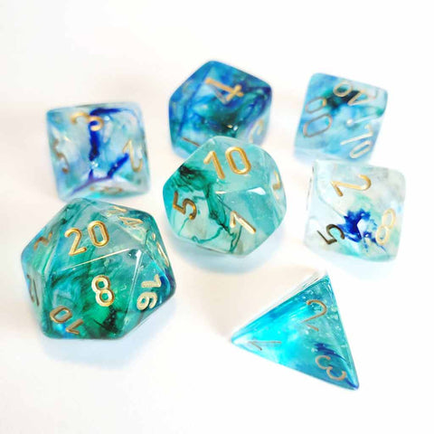 Chessex Nebula Oceanic w/Gold 7 Piece GLOW IN THE DARK Polyhedral Dice Set (CHX 27556) - Bea DnD Games