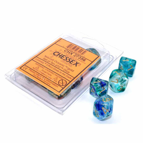 Chessex Nebula Oceanic with Gold GLOW IN THE DARK Set of 10 d10 Dice (CHX 27356) - Bea DnD Games