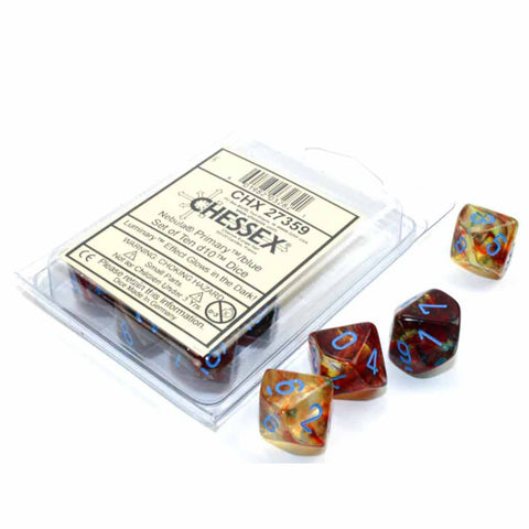 Chessex Nebula Primary with Blue GLOW IN THE DARK Set of 10 d10 Dice (CHX 27359) - Bea DnD Games
