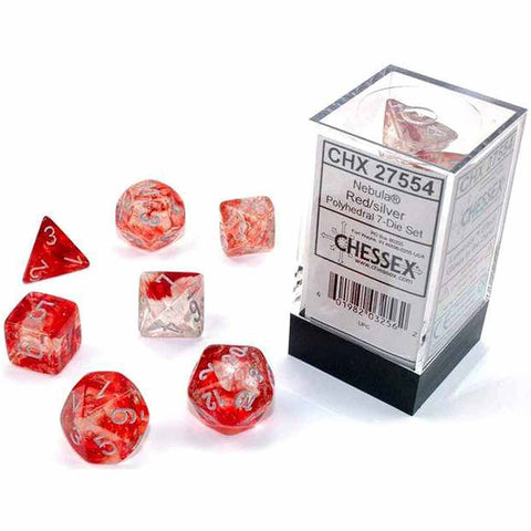 Chessex Nebula Red with Silver 7 Piece GLOW IN THE DARK Polyhedral Dice Set (CHX 27554) - Bea DnD Games