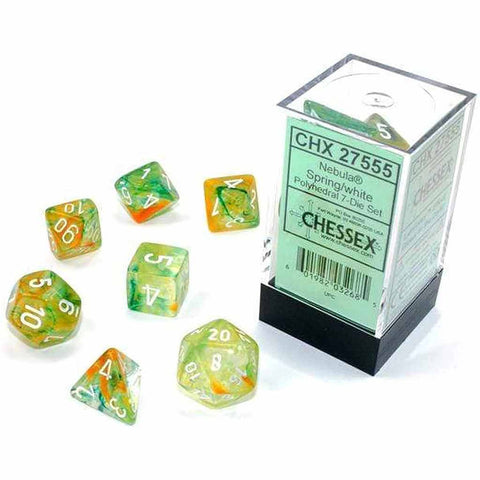 Chessex Nebula Spring w/Gold 7 Piece GLOW IN THE DARK Polyhedral Dice Set (CHX 27555) - Bea DnD Games