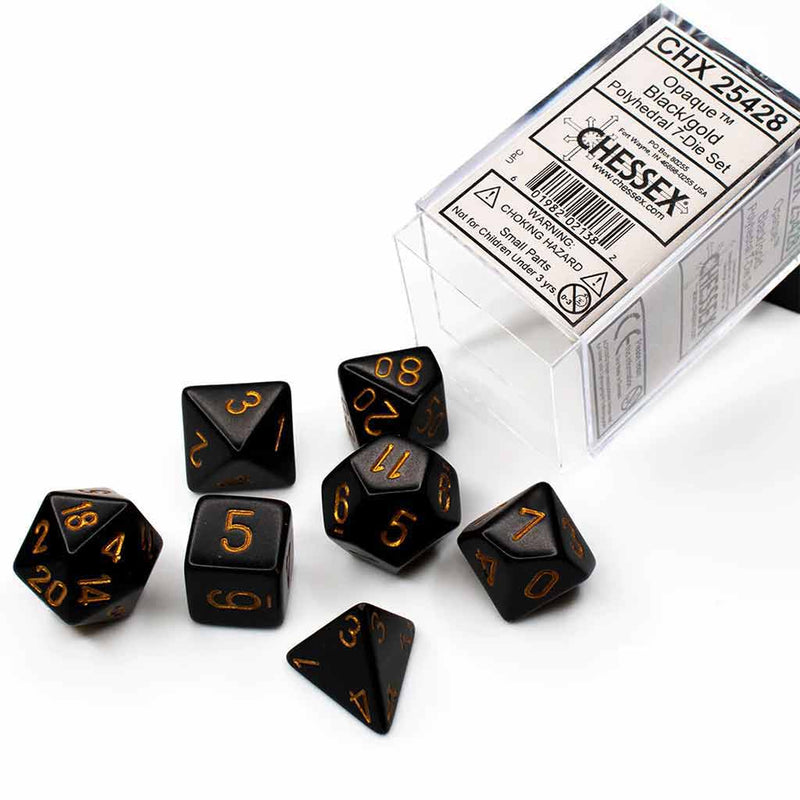 Chessex Opaque Black/Gold 7 Piece Polyhedral Dice Set (CHX 25428) - Bea DnD Games