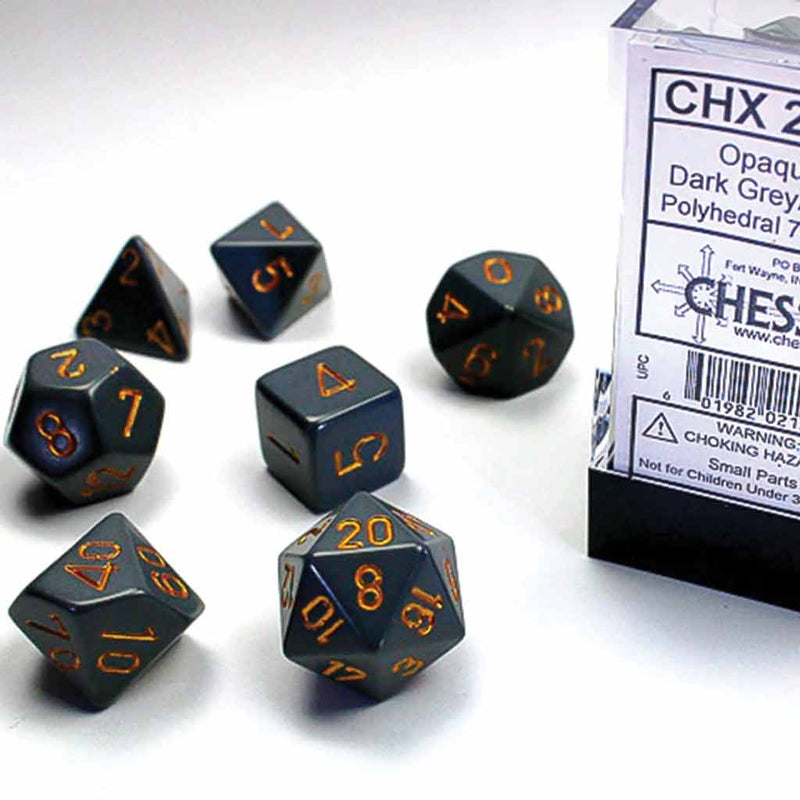 Chessex Opaque Dark Grey & Copper 7 Piece Polyhedral Dice Set (CHX 25420) - Bea DnD Games