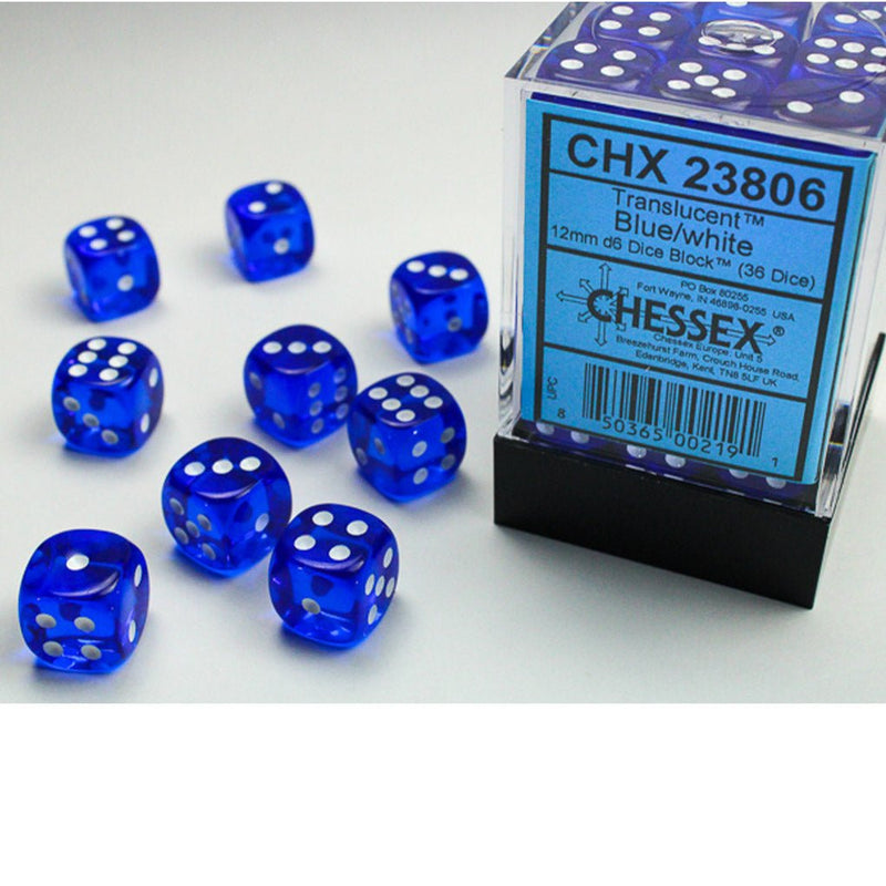 Chessex Translucent Blue/white Set of 36 Mini d6 Dice (CHX 23806) - Bea DnD Games