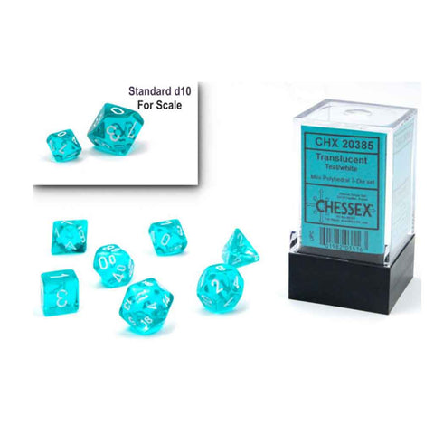 Chessex Translucent Mini Teal/White 7 Piece Polyhedral Dice Set (CHX 20385) - Bea DnD Games