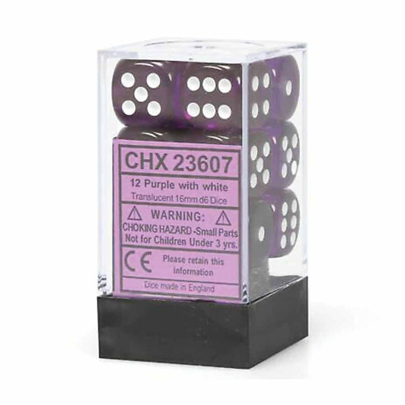 Chessex Translucent Purple with White Set of 12 d6 Dice (CHX 23607) - Bea DnD Games