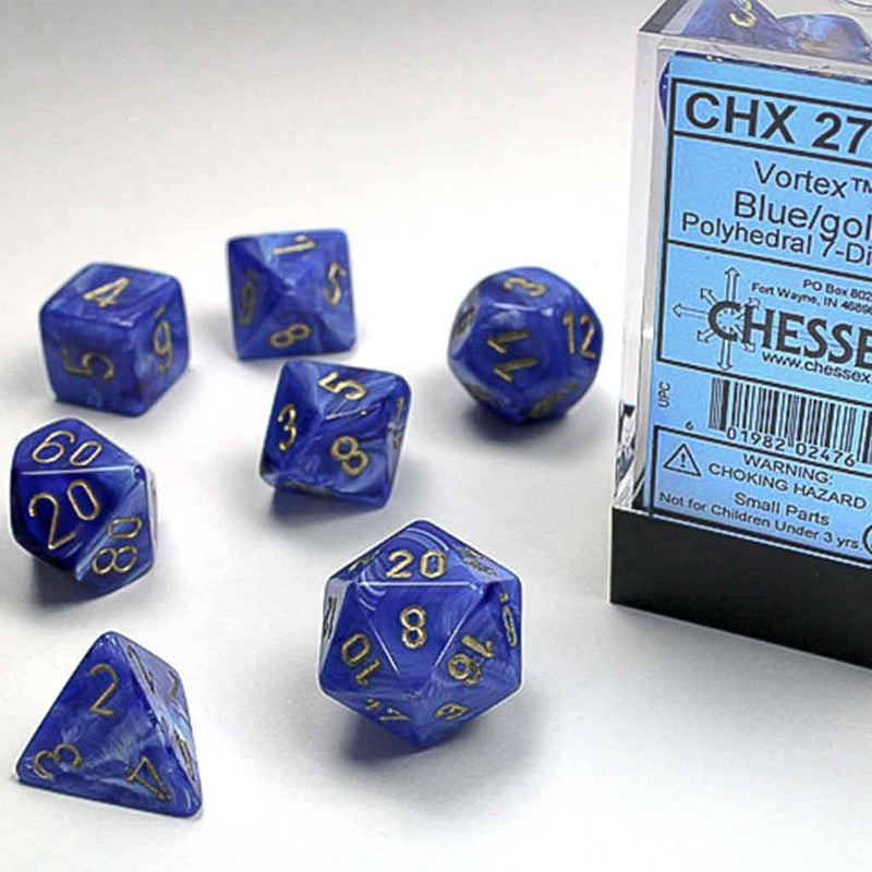 Chessex Vortex Blue/Gold 7 Piece Polyhedral Dice Set (CHX 27436) - Bea DnD Games