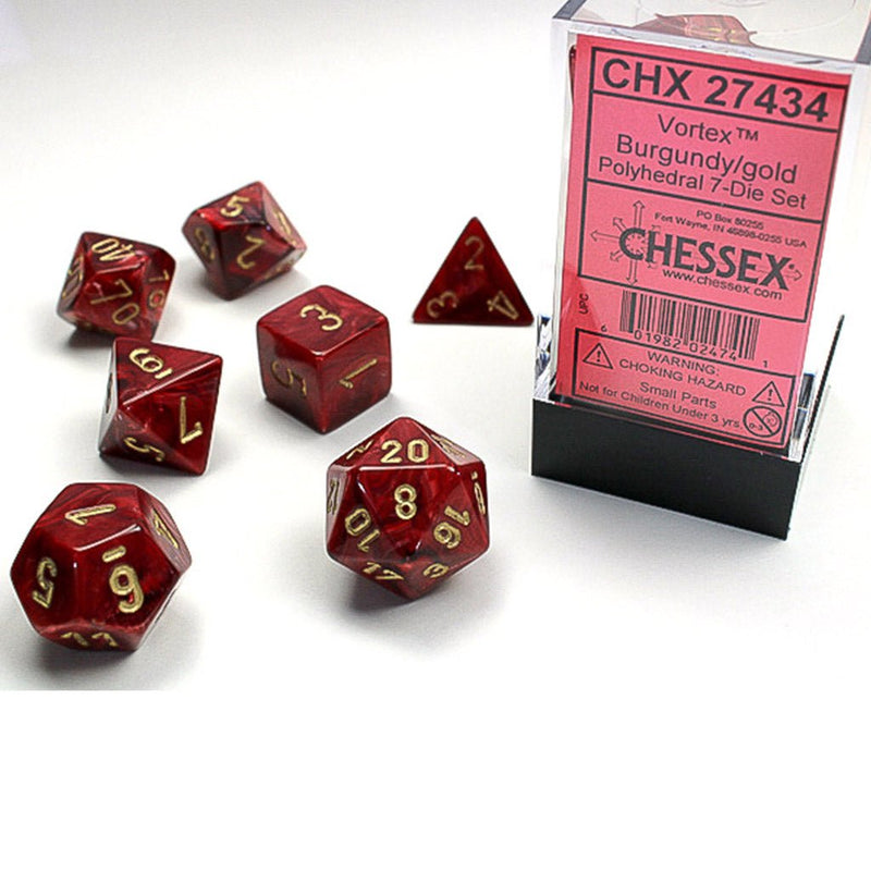 Chessex Vortex Burgundy/Gold 7 Piece Polyhedral Dice Set (CHX 27434) - Bea DnD Games