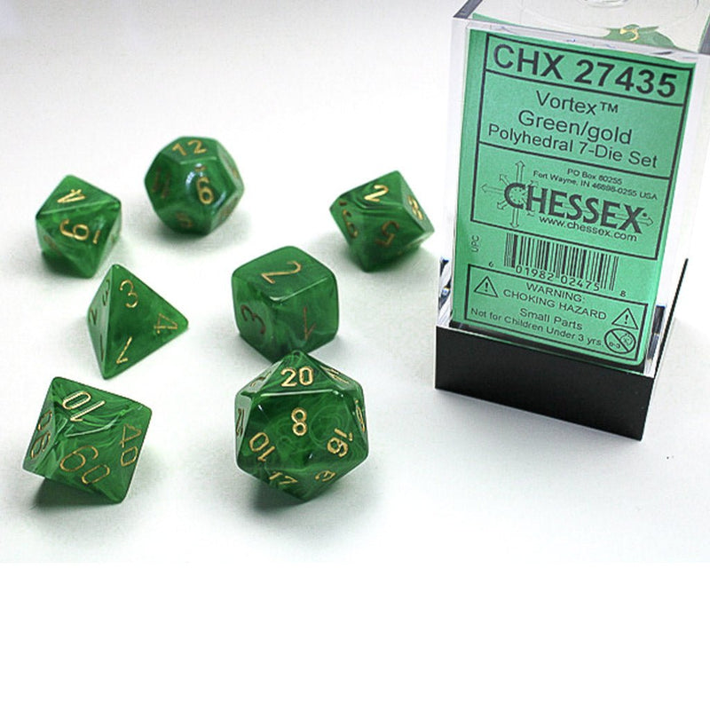 Chessex Vortex Green/Gold 7 Piece Polyhedral Dice Set (CHX 27435) - Bea DnD Games