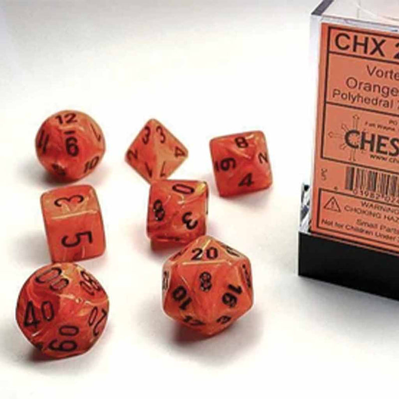 Chessex Vortex Orange and Black 7 Piece Polyhedral Dice Set (CHX 27433) - Bea DnD Games