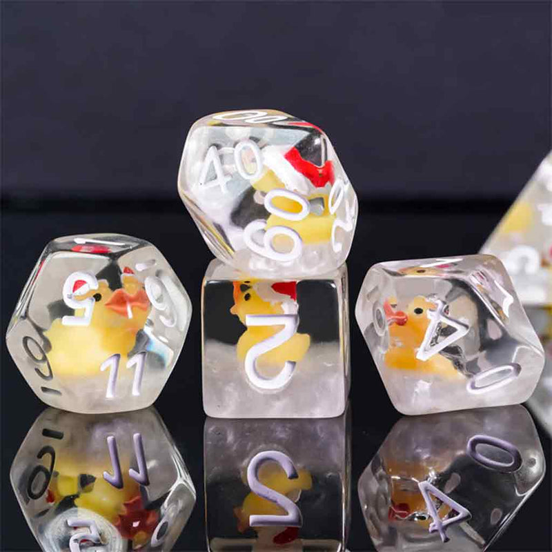 Christmas Rubber Ducky Dice - 7 Piece Polyhedral Dice Set + Dice Bag - Bea DnD Games