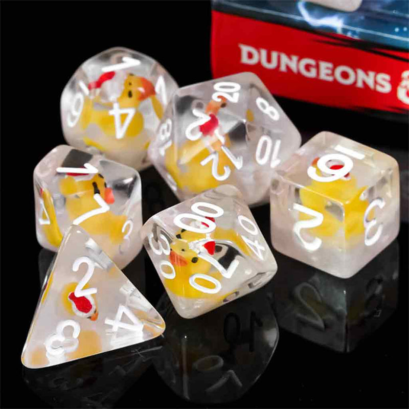 Christmas Rubber Ducky Dice - 7 Piece Polyhedral Dice Set + Dice Bag - Bea DnD Games
