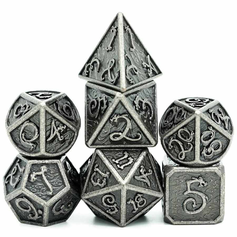 Cloud Dragon 7 Piece Metal Polyhedral Dice Set & Dice Case - Bea DnD Games