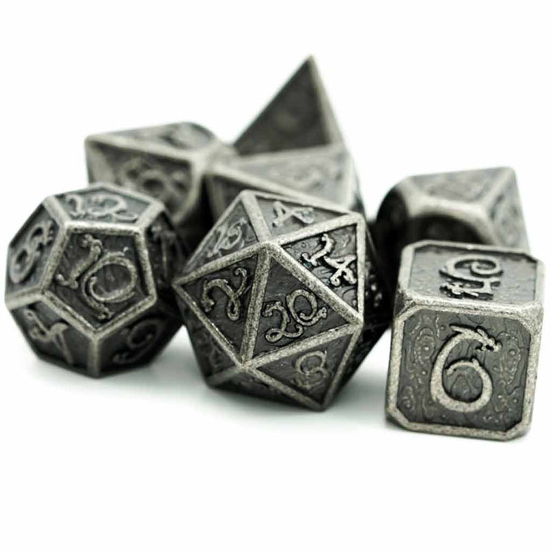 Cloud Dragon 7 Piece Metal Polyhedral Dice Set & Dice Case - Bea DnD Games