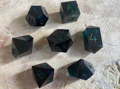 Corrupted Emeralds New Zealand Made Handcrafted Dice Set by Tui Dice - Bea DnD Games
