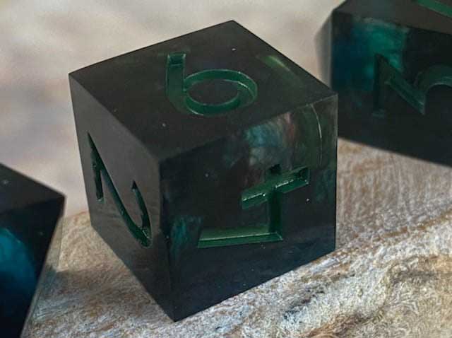 Corrupted Emeralds New Zealand Made Handcrafted Dice Set by Tui Dice - Bea DnD Games