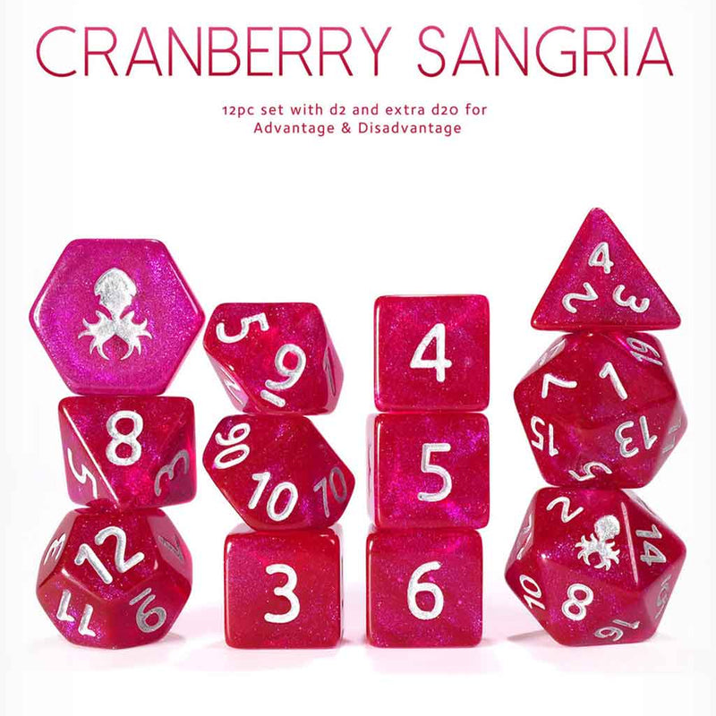 Cranberry Sangria 12 Piece Dice Set with Silver Ink + Dice Bag (Kraken Dice) - Bea DnD Games