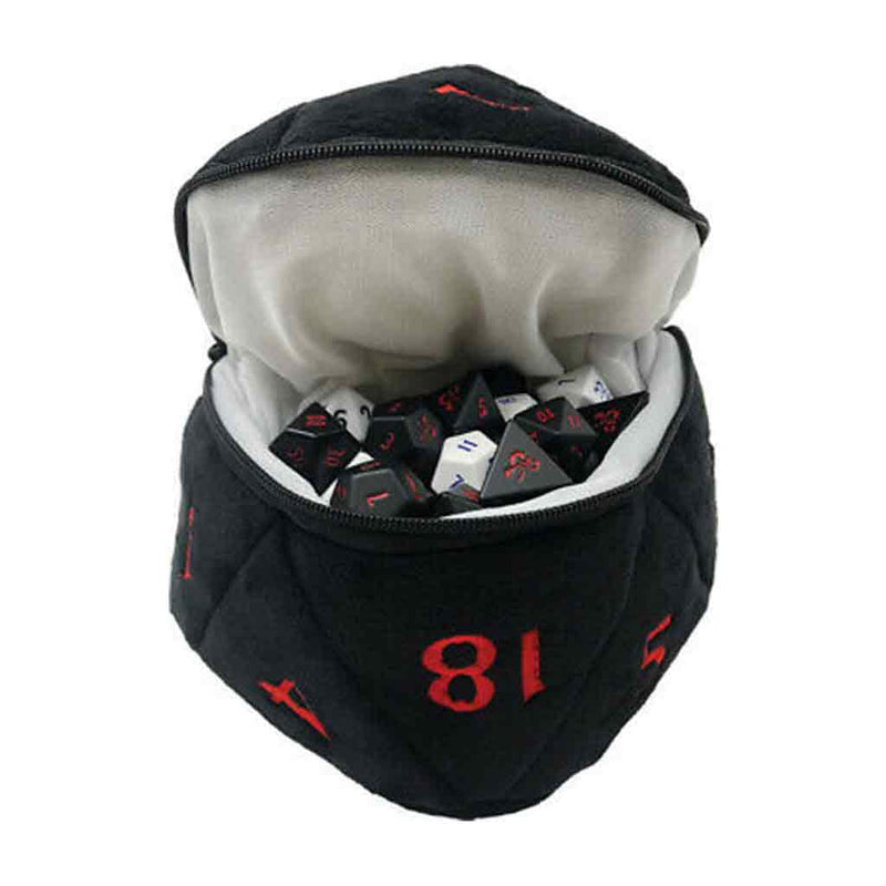 D20 Dice Plush Black and Red Dice Bag - Bea DnD Games