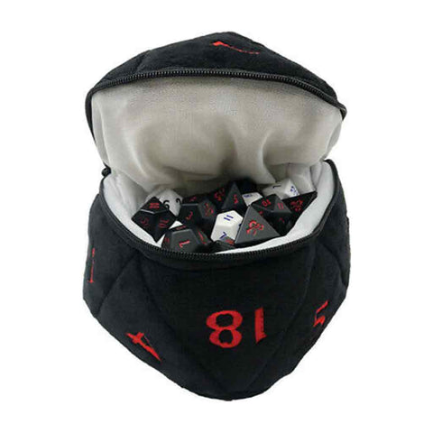 D20 Dice Plush Black and Red Dice Bag - Bea DnD Games