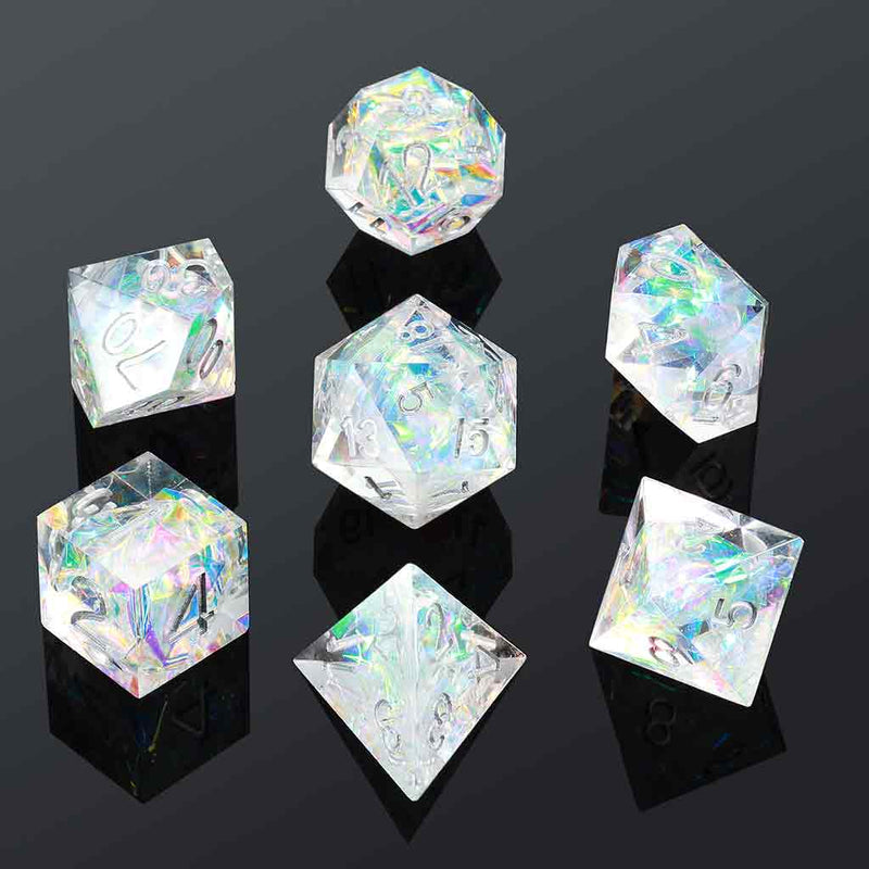 Diamond Avalanche Handcrafted Sharp Edge Dice Set & Dice Case - Bea DnD Games